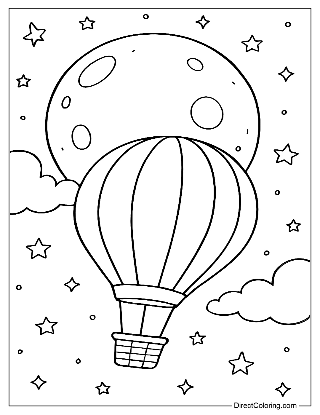 Hot air balloon coloring page flying across the moon, the starry sky is sparkling